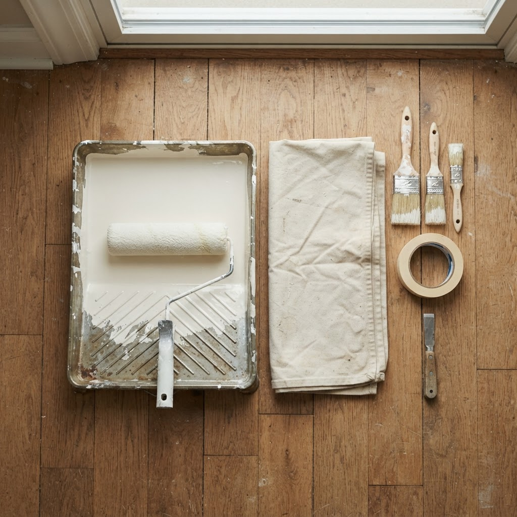 Professional painting tools including a roller, brushes, paint tray and drop cloth laid out neatly