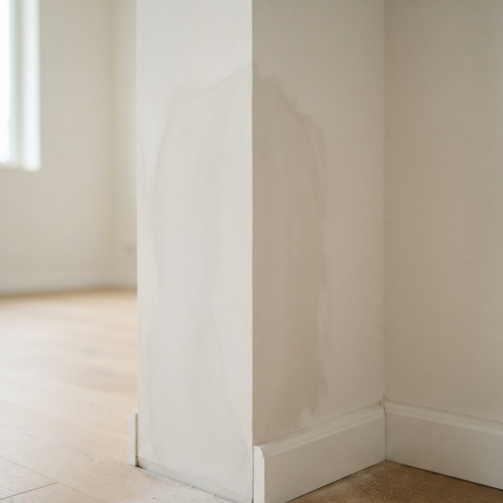 Freshly patched and sanded interior wall corner, prepared for repainting